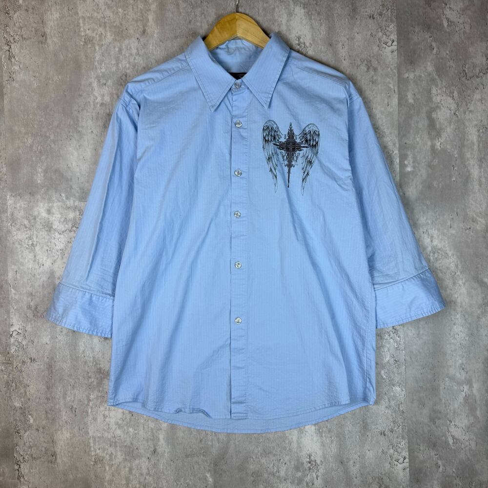 Y2K Mens Patroncito Blue Grungle Cross Wing Style Button Up X-L